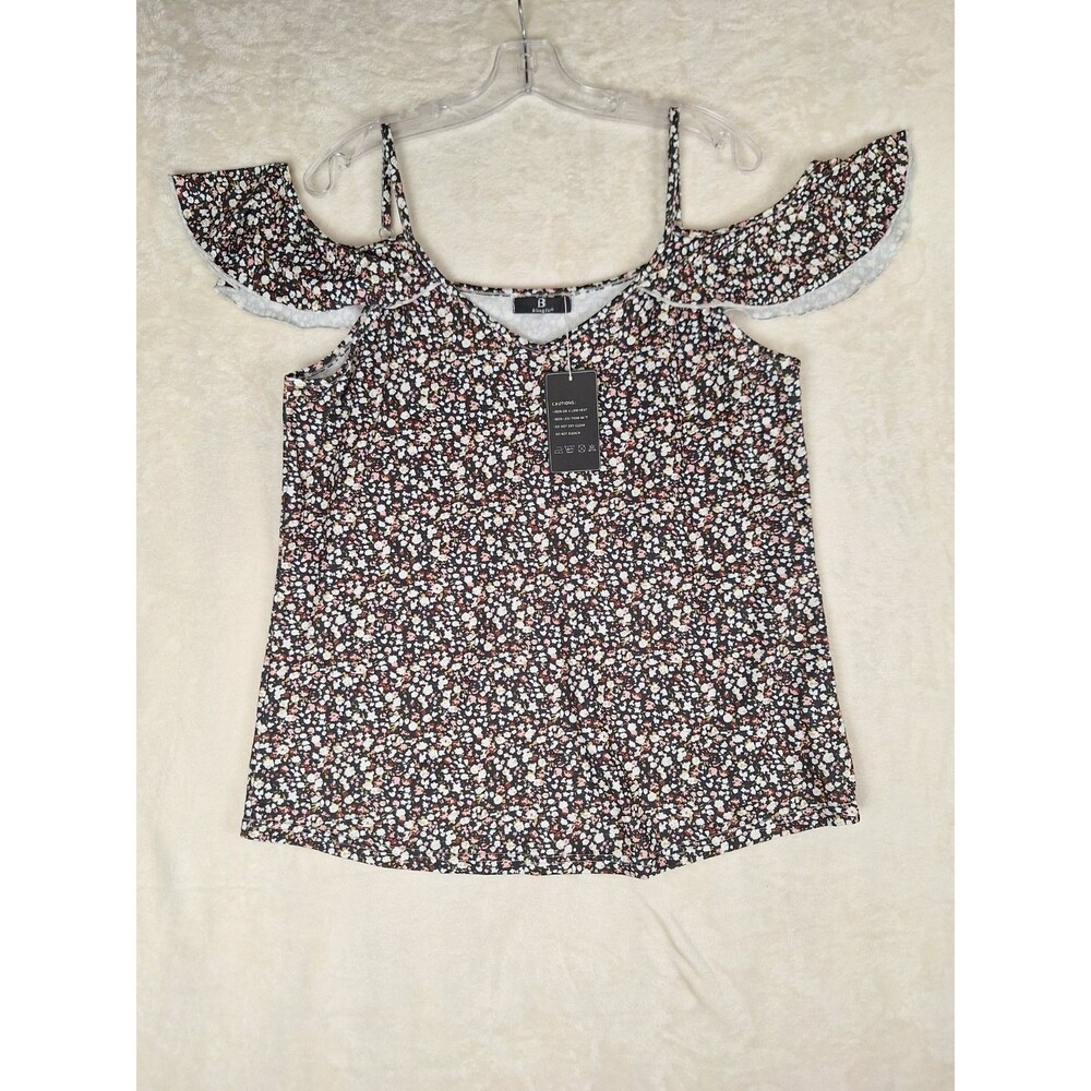 Blingfit Womens XL Ditsy Floral All Over Print Cold Shoulder Stretch Nwt Black